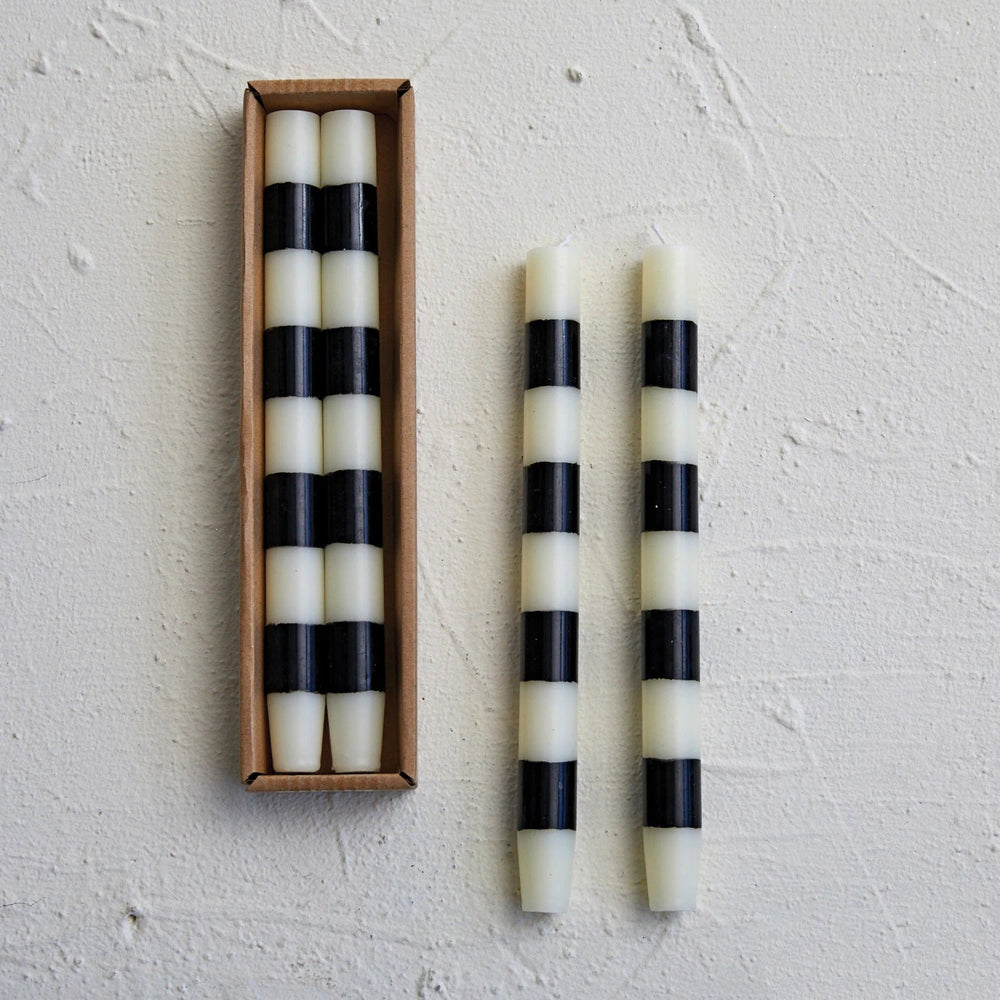 BLACK & WHITE STRIPED TAPER CANDLES Creative Co-op Halloween Home Decor Bonjour Fete - Party Supplies