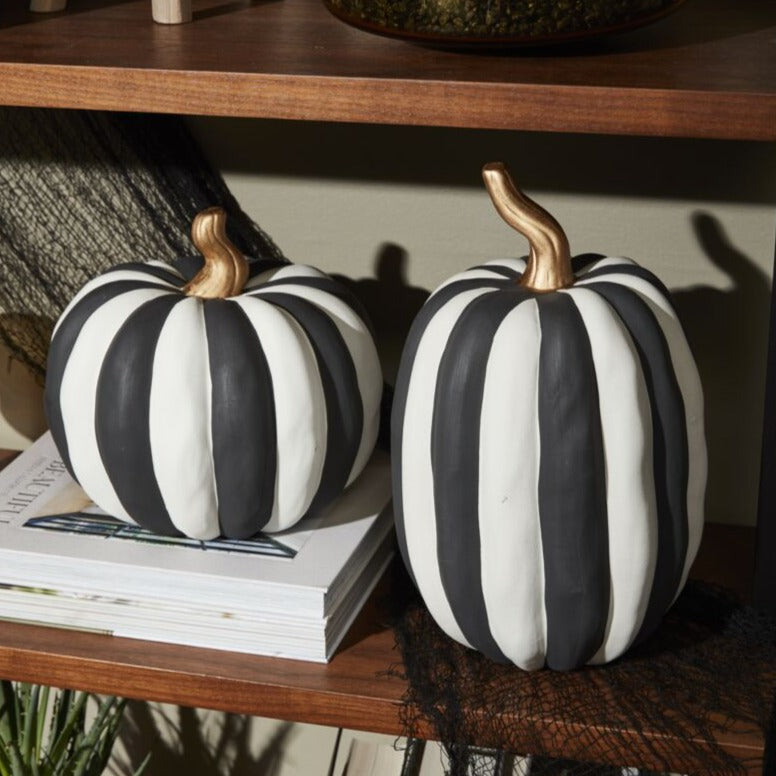 BLACK & WHITE STRIPED CERAMIC PUMPKINS Accent Decor Halloween Home Decor Bonjour Fete - Party Supplies
