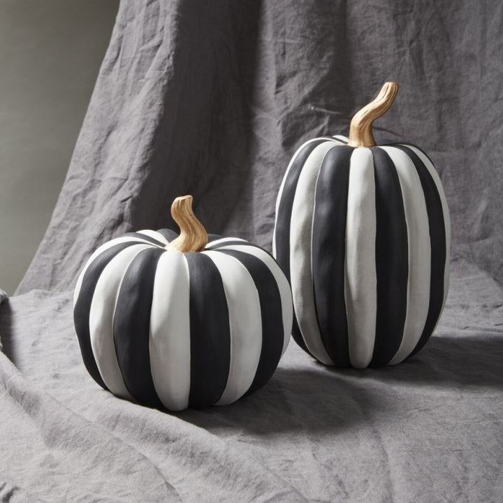 BLACK & WHITE STRIPED CERAMIC PUMPKINS Accent Decor Halloween Home Decor Bonjour Fete - Party Supplies