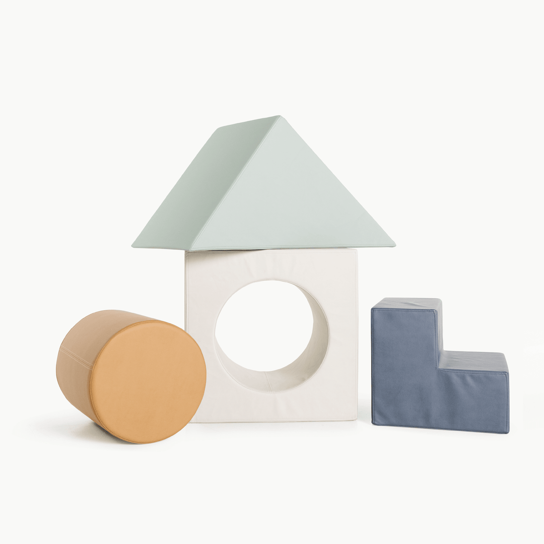 Gathre block playset in the Palm, Dune, Camel, and Nightfall colorway with foam steps, a cube, and a triangle ramp