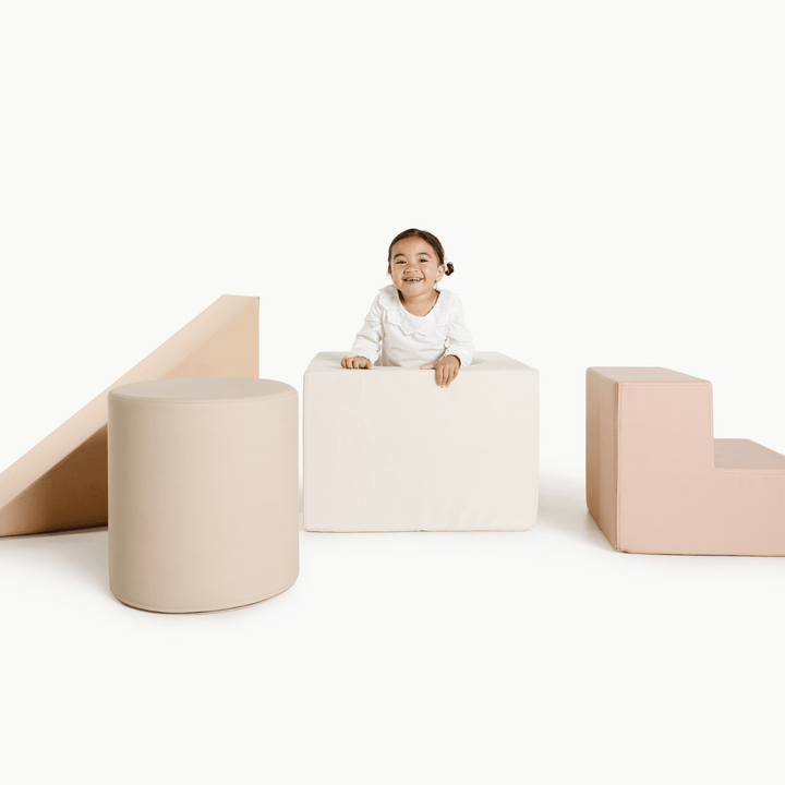 Gathre block playset with foam steps, a cube, and a triangle ramp in cream London print and rust