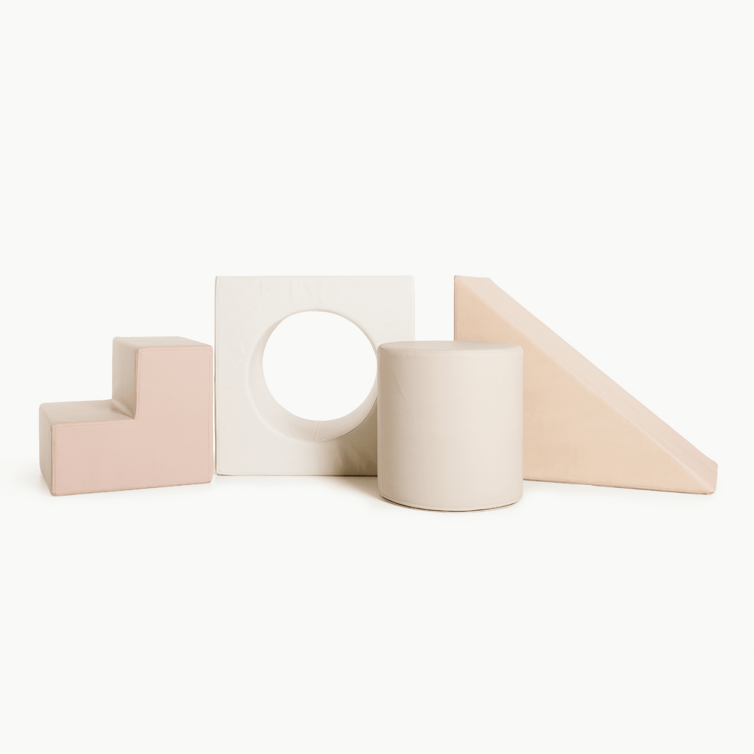 Gathre block playset in the Tulle, Untanned, Millet, and Ivory colorway with foam steps, a cube, and a triangle ramp