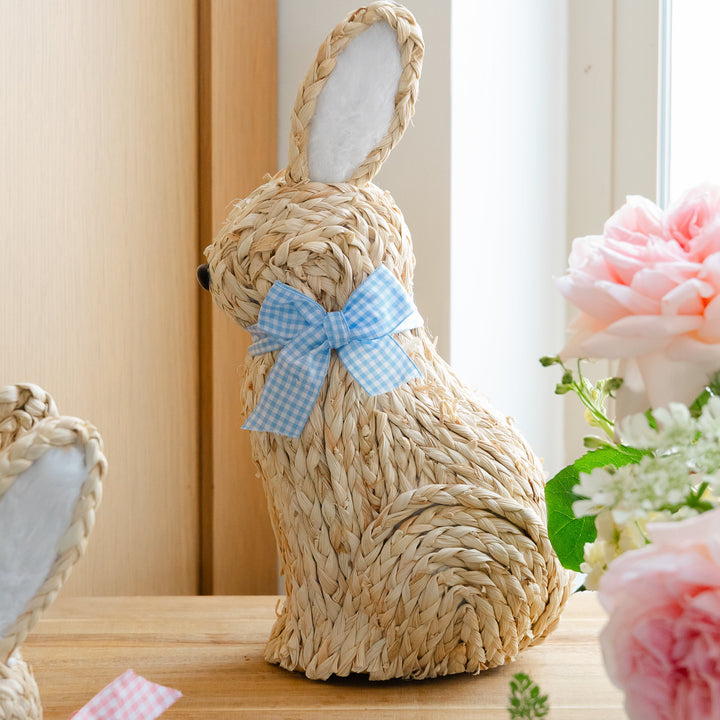 WOVEN BUNNY WITH GINGHAM BOW DECORATION Mud Pie Easter Home WOVEN BUNNY WITH GINGHAM BOW DECORATION Bonjour Fete - Party Supplies