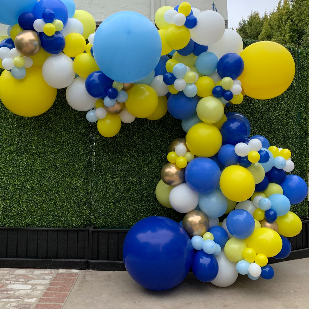 Blue and yellow balloon garland outdoor balloon decoration ideas - Los Angeles balloon installation