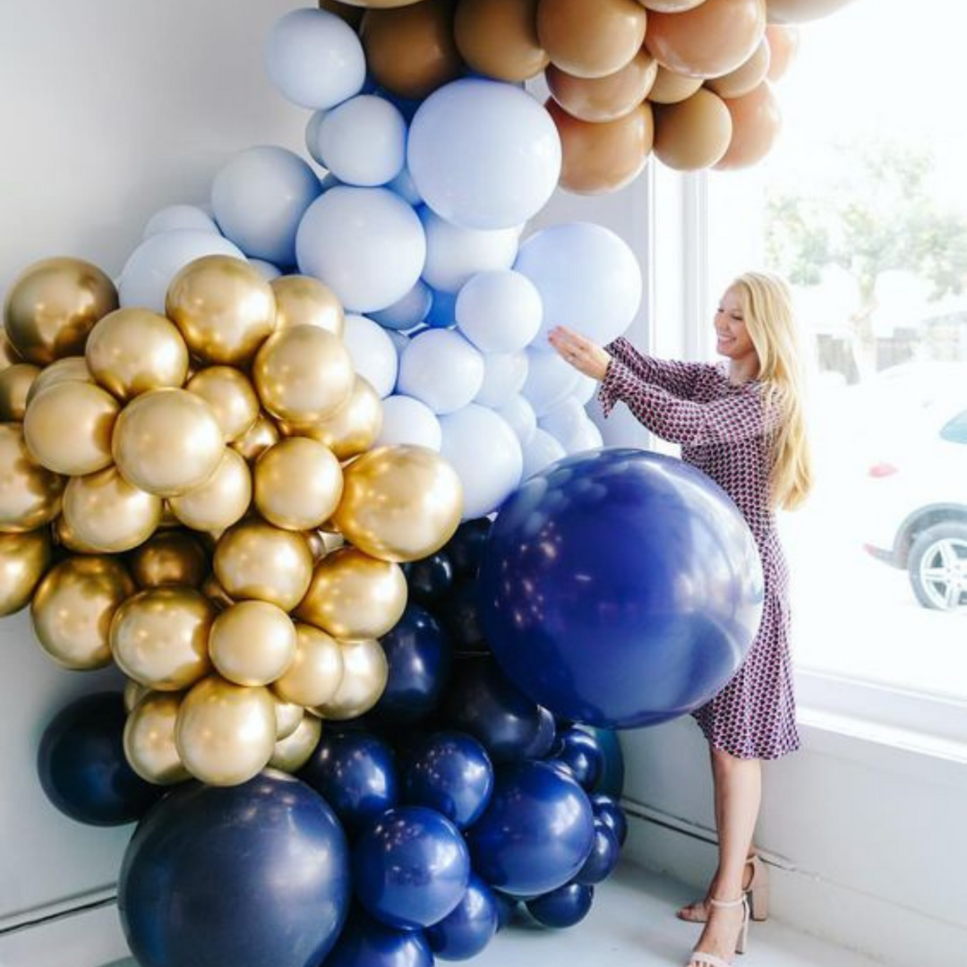 Blue and gold balloon garland neutral balloon decoration ideas - Los Angeles balloon installation