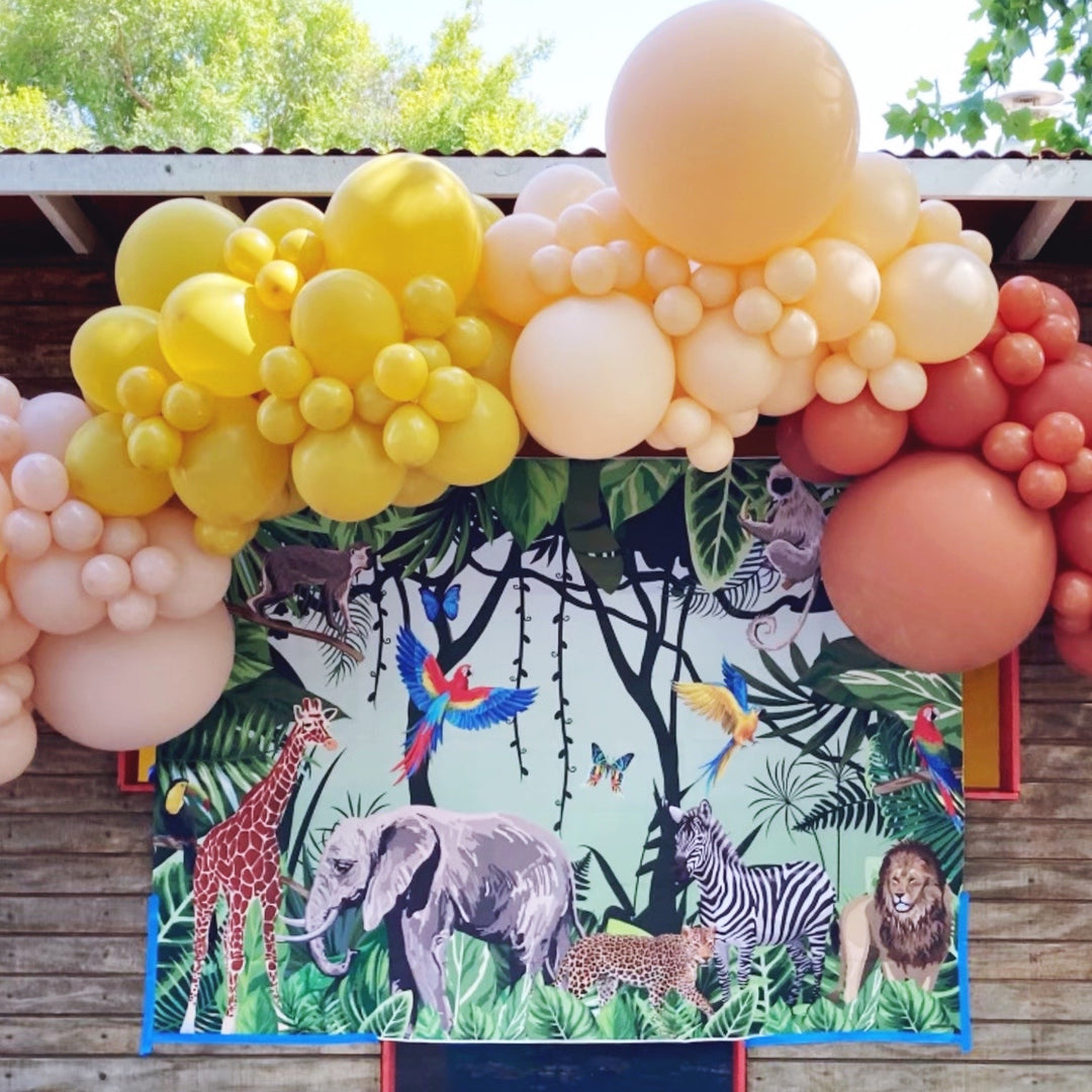 Neutral balloon garland for a Jungle party Jungle party theme balloon decoration - Los Angeles balloon installation