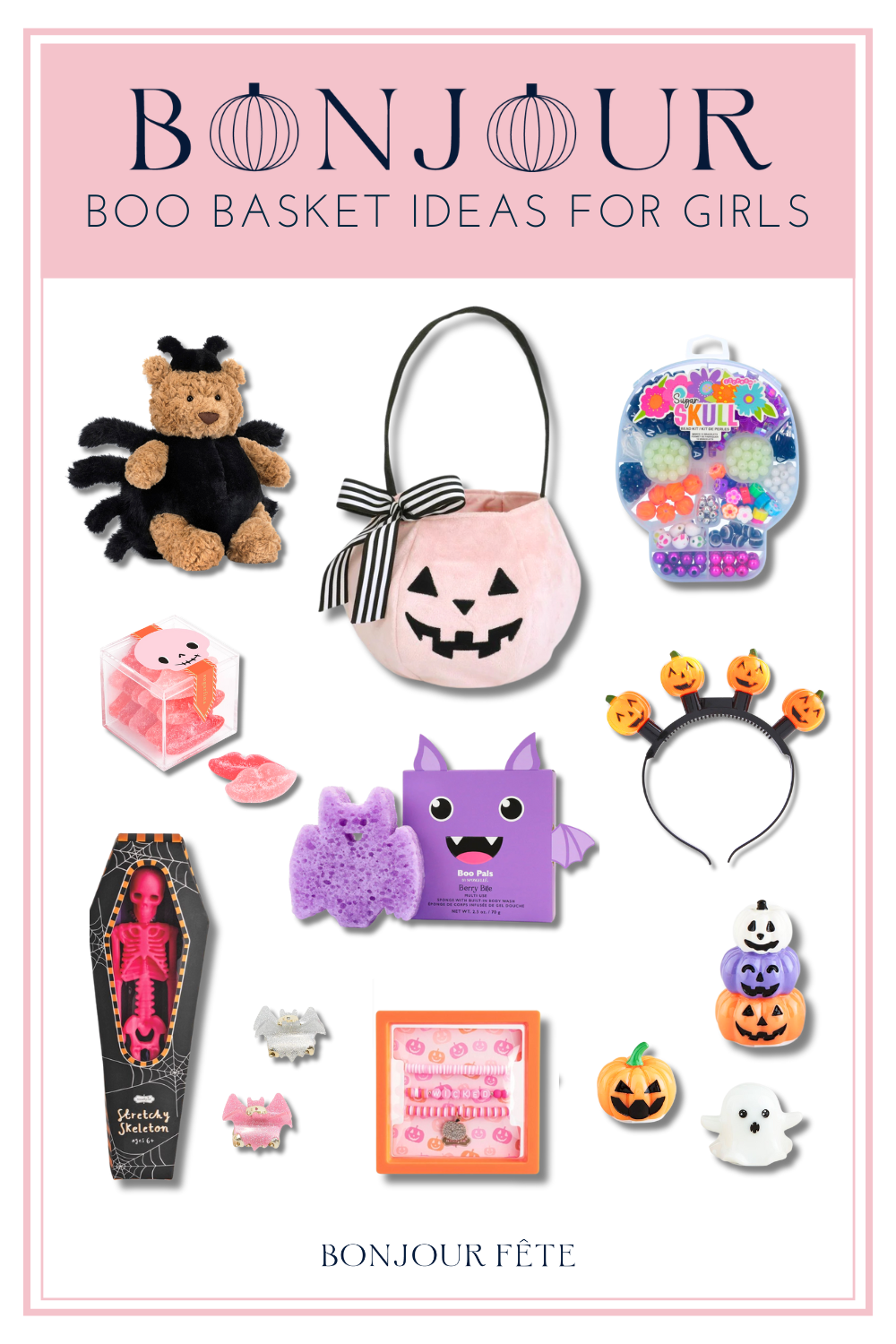 Girls Halloween Boo Basket Ideas with Cute Pink and Pastel Halloween gifts, Plush Toys, and Spooky Accessories