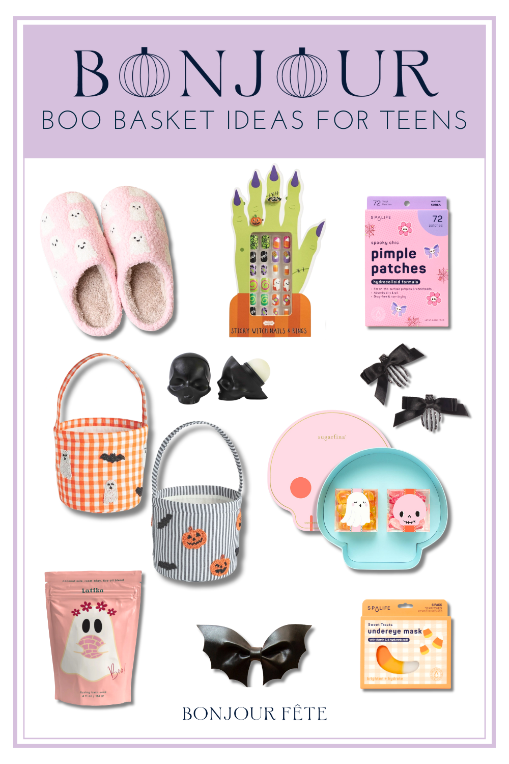 Teen Halloween Boo Basket Ideas with Cute Pink and Pastel gifts, beauty products, and Spooky Accessories