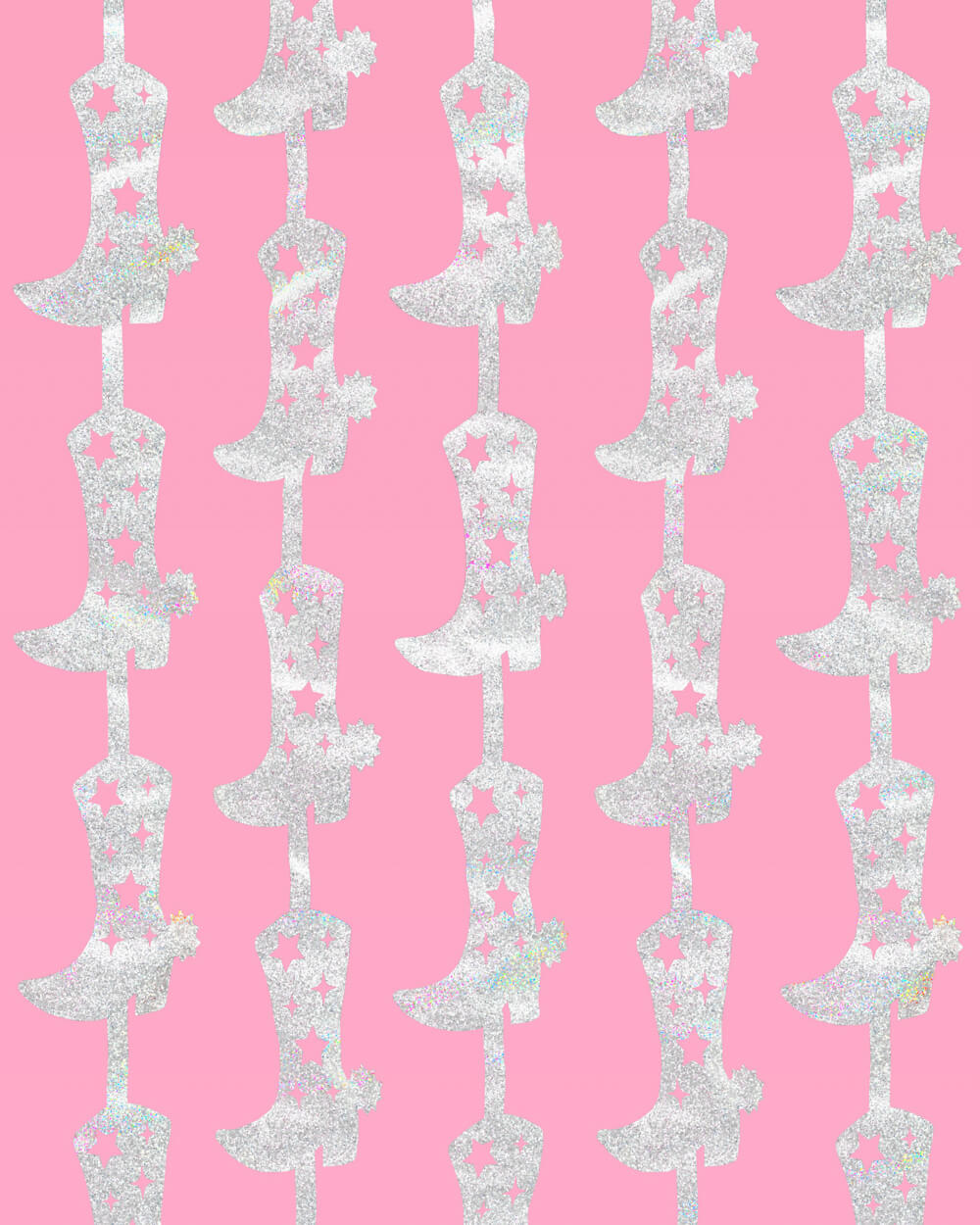 Close-up of a glitter cowgirl boot cutout with pink star details on a foil curtain strand