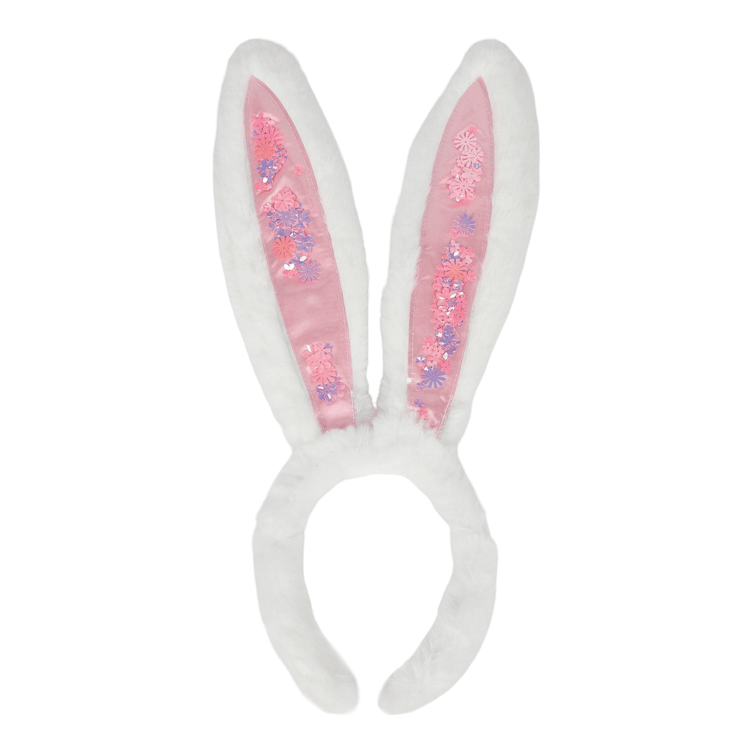 White plush bunny ears headband with pink confetti sealed inside the ears