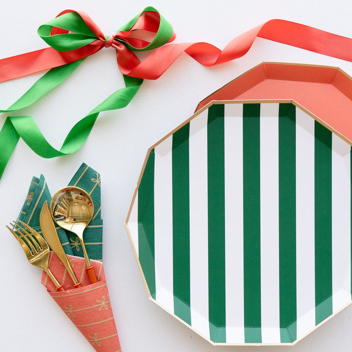 EMERALD GREEN SIGNATURE CABANA STRIPE PLATES Bonjour Fete Plates EMERALD GREEN SIGNATURE CABANA STRIPE PLATES Bonjour Fete - Party Supplies