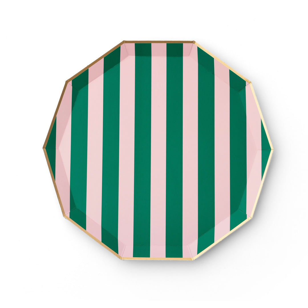 PINK & GREEN SIGNATURE CABANA STRIPE LARGE PLATES Bonjour Fete Plates PINK & GREEN SIGNATURE CABANA STRIPE LARGE PLATES Bonjour Fete - Party Supplies