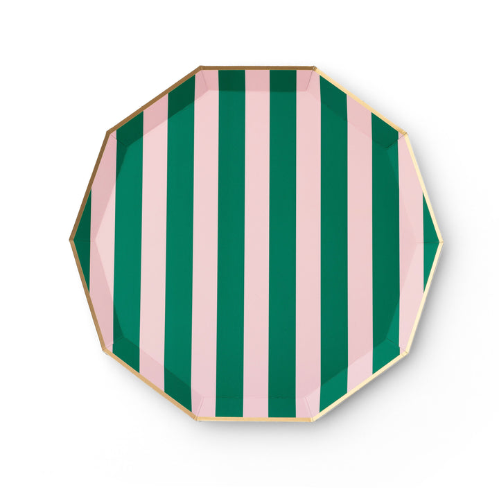 PINK & GREEN SIGNATURE CABANA STRIPE LARGE PLATES Bonjour Fete Plates PINK & GREEN SIGNATURE CABANA STRIPE LARGE PLATES Bonjour Fete - Party Supplies