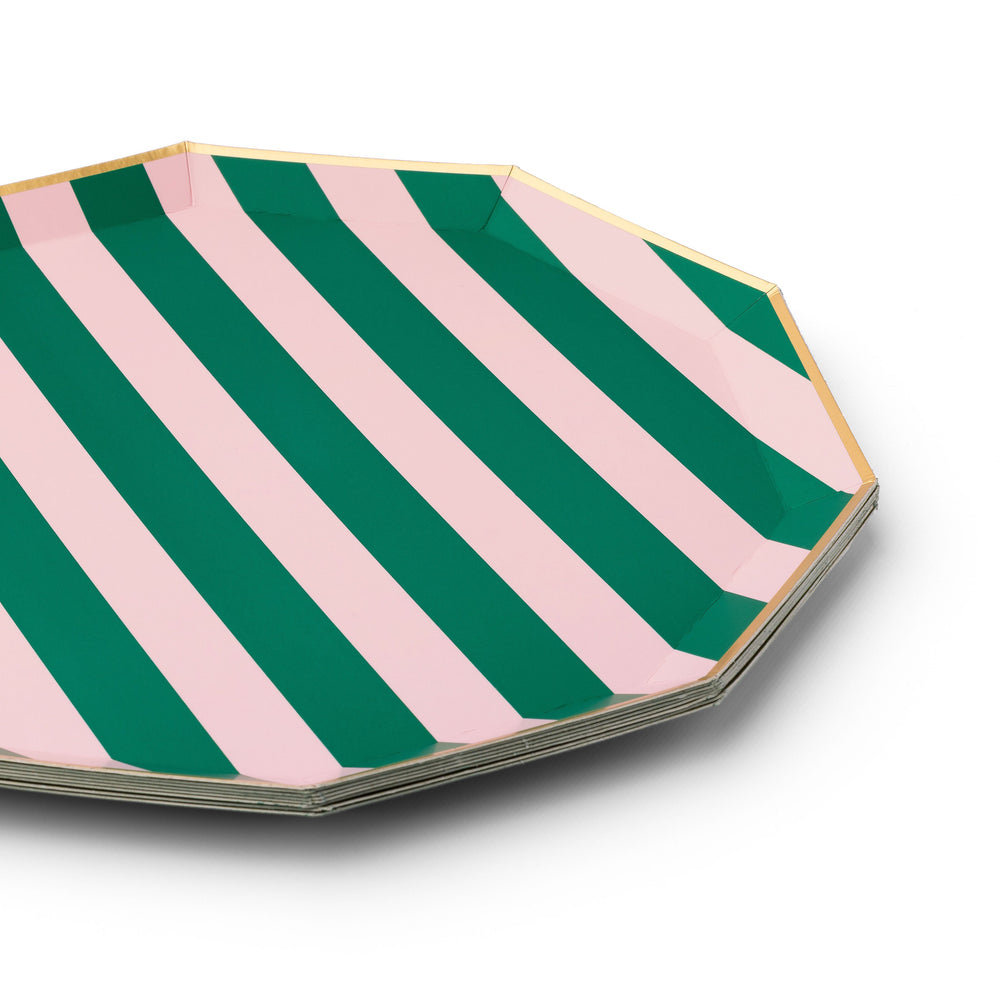 PINK & GREEN SIGNATURE CABANA STRIPE LARGE PLATES Bonjour Fete Plates PINK & GREEN SIGNATURE CABANA STRIPE LARGE PLATES Bonjour Fete - Party Supplies