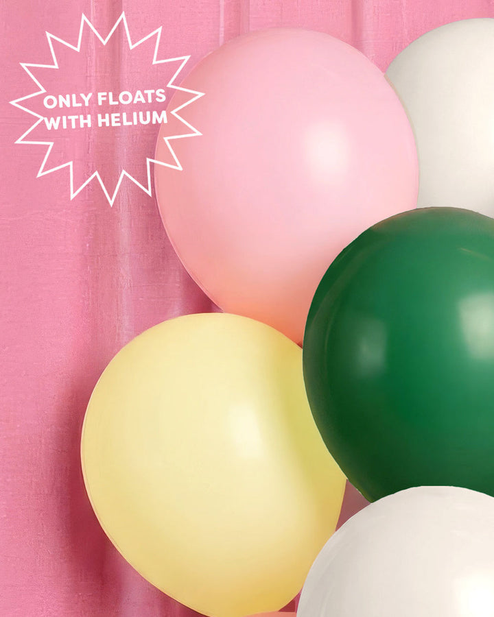 Detail of pink, yellow, and green camp latex balloons