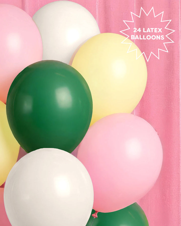 Camp latex balloon set in pink, white, yellow, and green