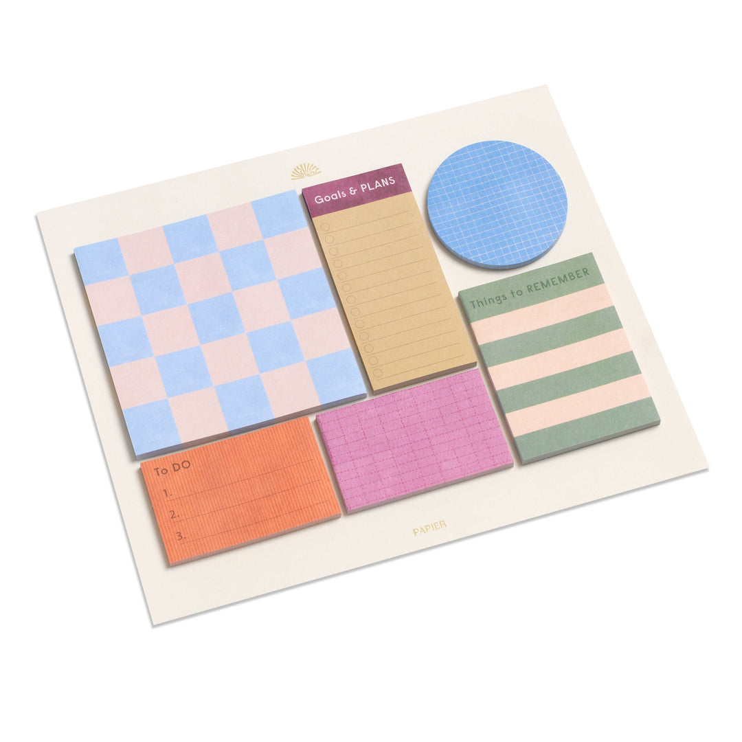 Printed sticky notes set of 6 with checkerboard, grid, striped, and to do list pads, playful desk supplies