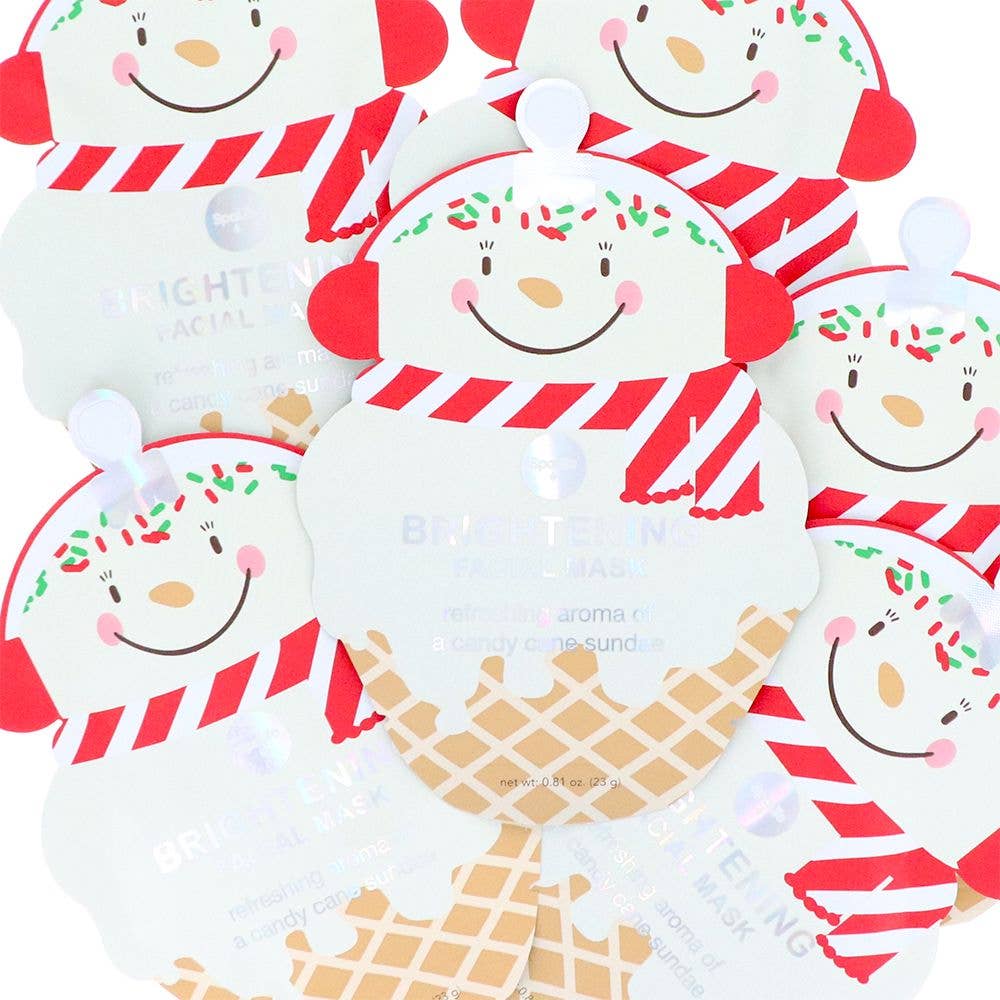 Pile of snowman sheet mask pouches in candy cane sundae scent, sweet stocking stuffers for holiday self care