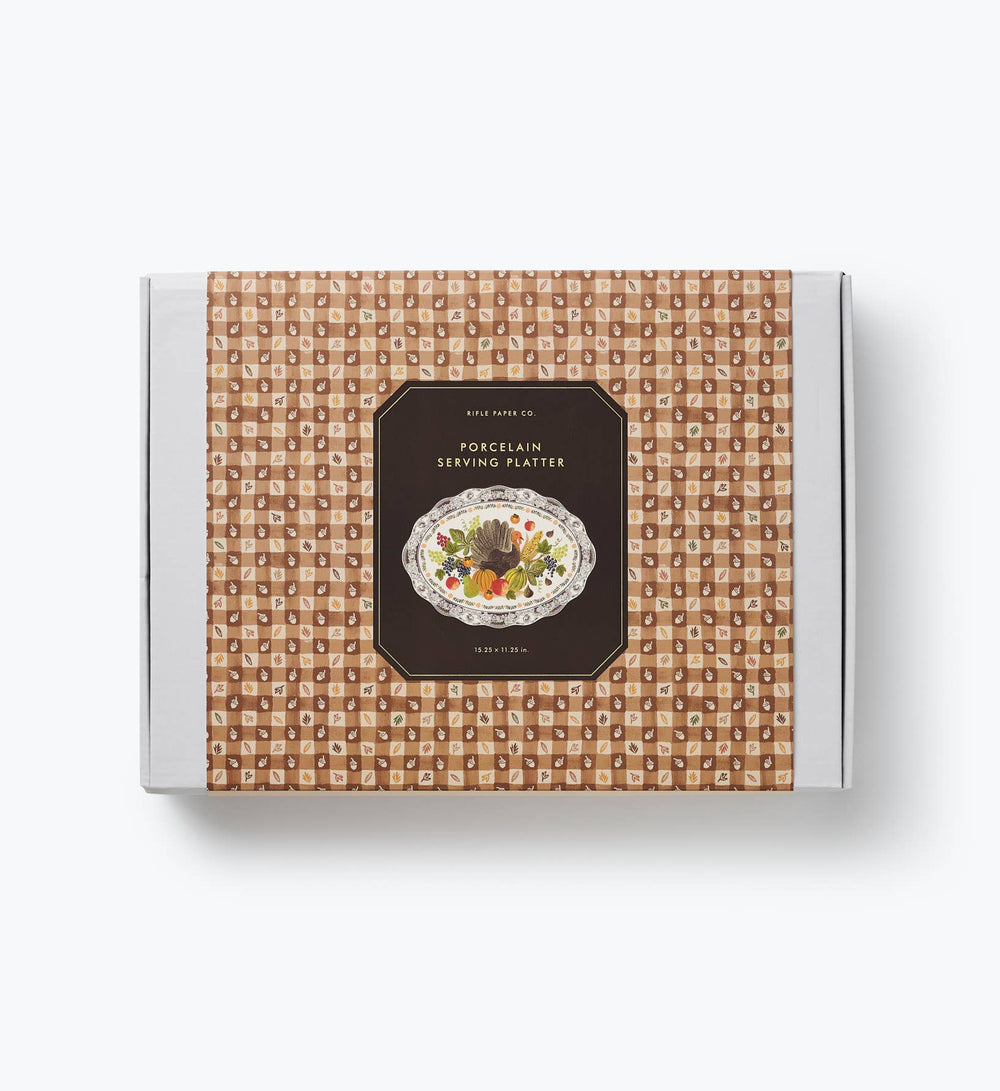 Rifle Paper Co porcelain serving platter gift box in brown gingham print, 15.25 x 11.25 inches
