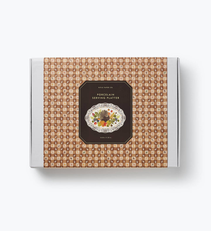 Rifle Paper Co porcelain serving platter gift box in brown gingham print, 15.25 x 11.25 inches