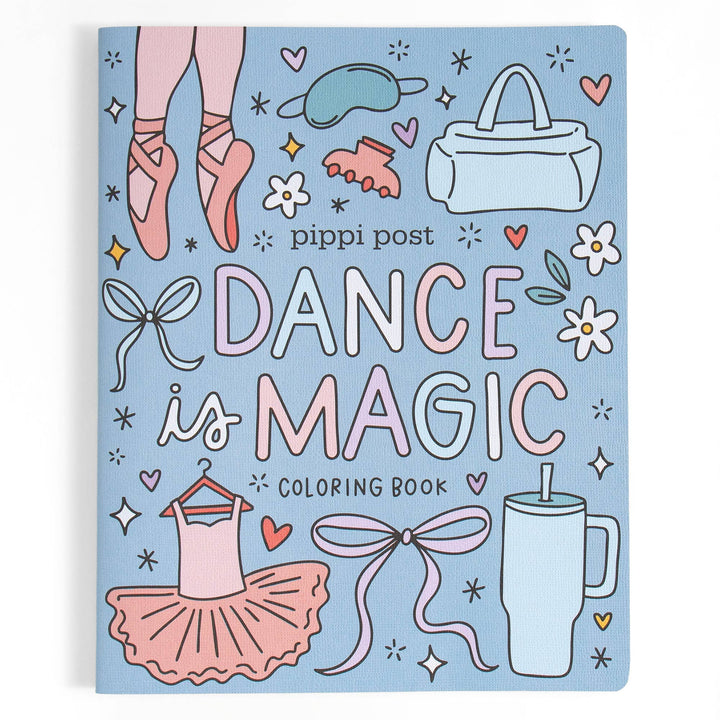 Dance is Magic coloring book with periwinkle cover of pointe shoes, tutu, and bows for dance recital gifts