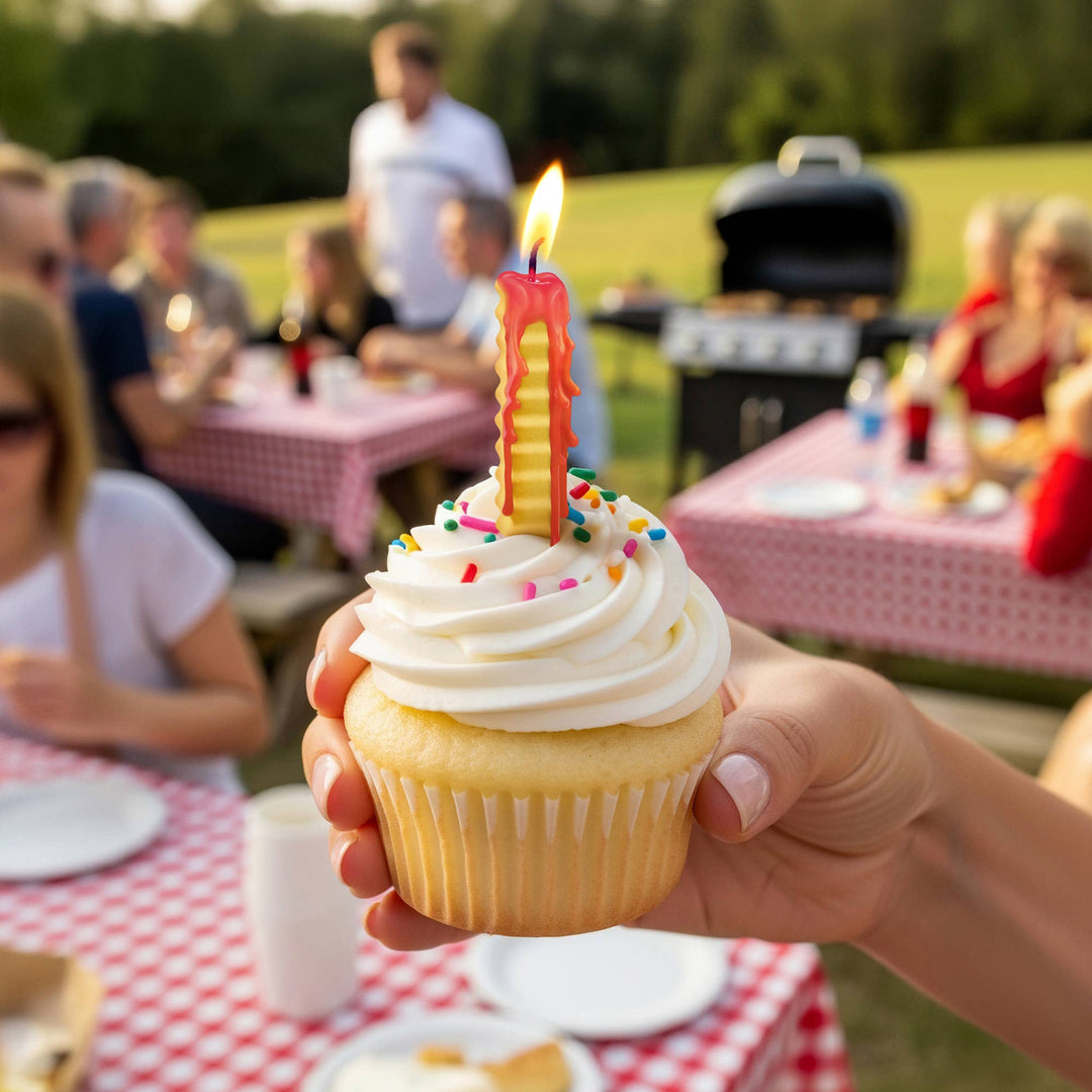 French fry birthday candle lit on a cupcake at a backyard BBQ birthday party, family gathered around red gingham tables