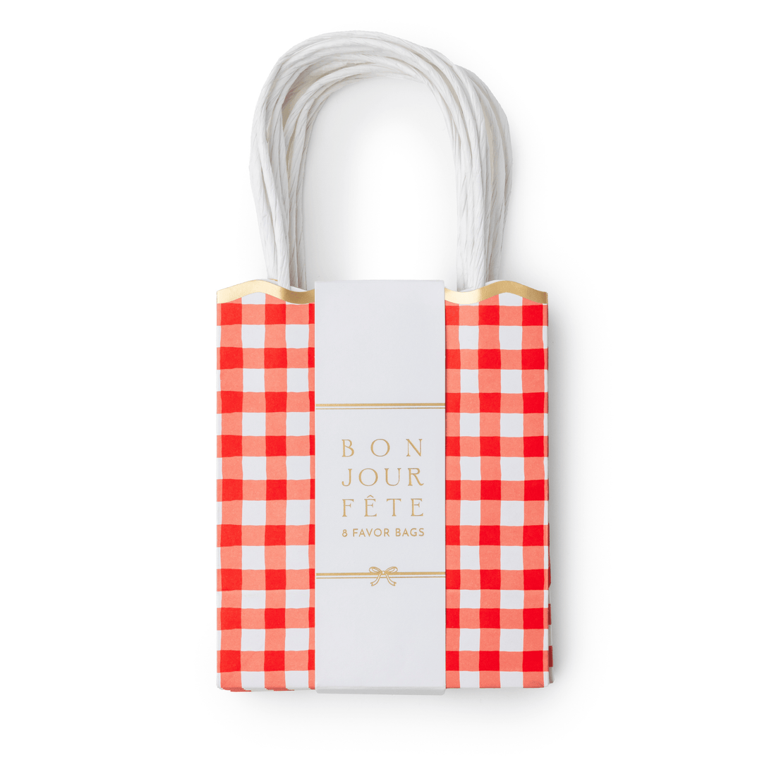 Cherry red gingham paper favor bags with scalloped trim for a picnic or 4th of July party