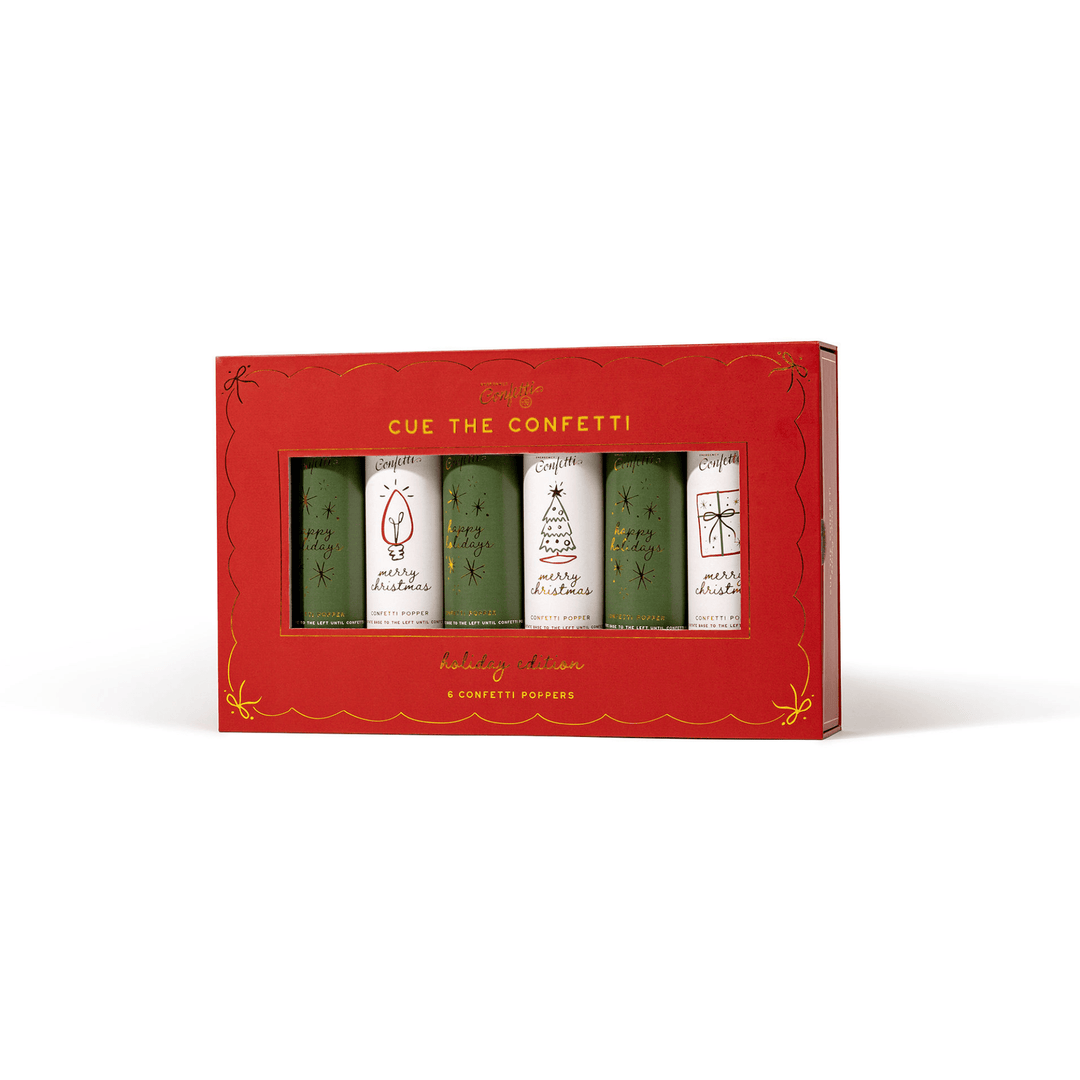 Red and gold Christmas confetti popper gift box, closed, on a white background