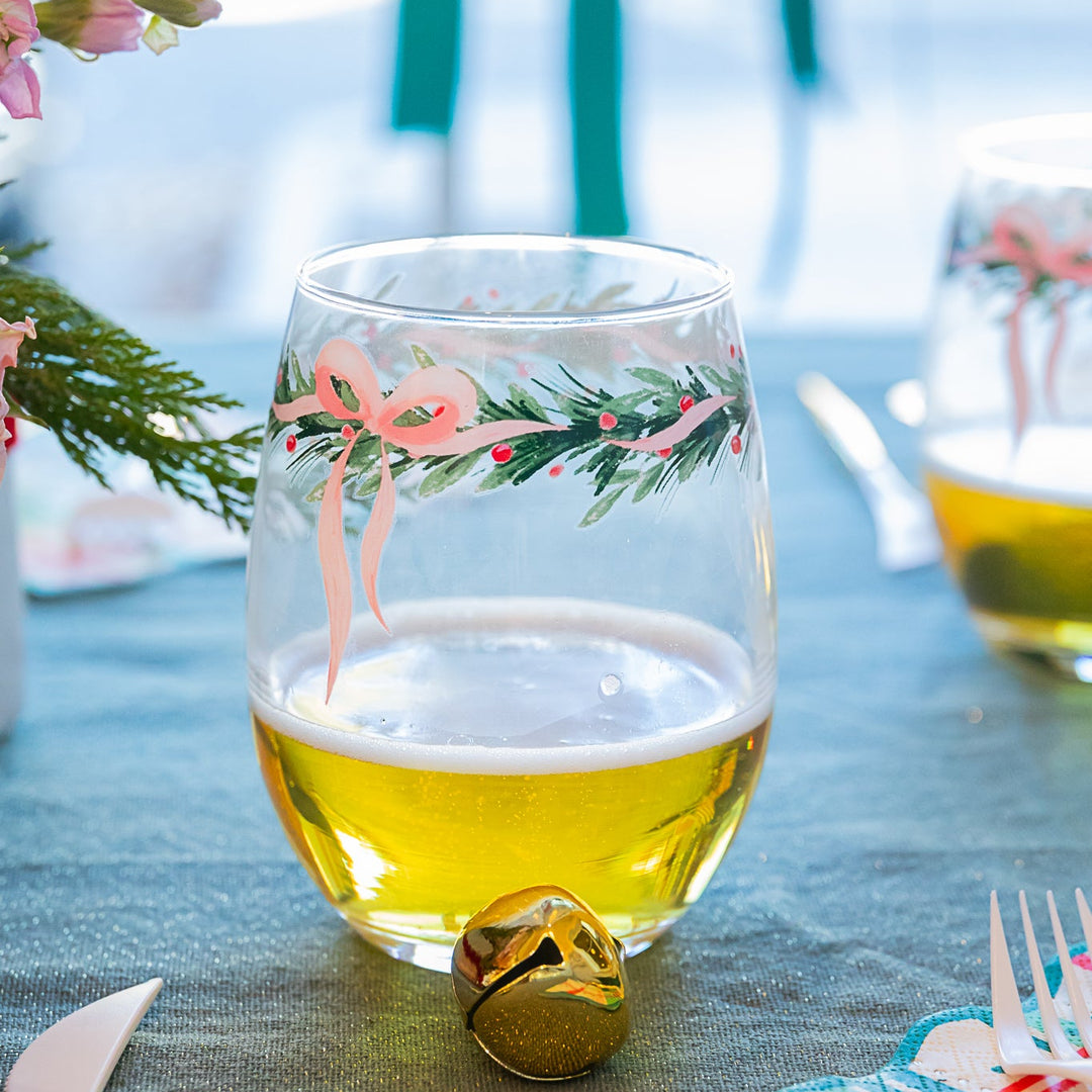 HOLIDAY GARLAND STEMLESS WINE GLASS Tag Christmas Holiday Kitchen & Entertaining HOLIDAY GARLAND STEMLESS WINE GLASS Bonjour Fete - Party Supplies