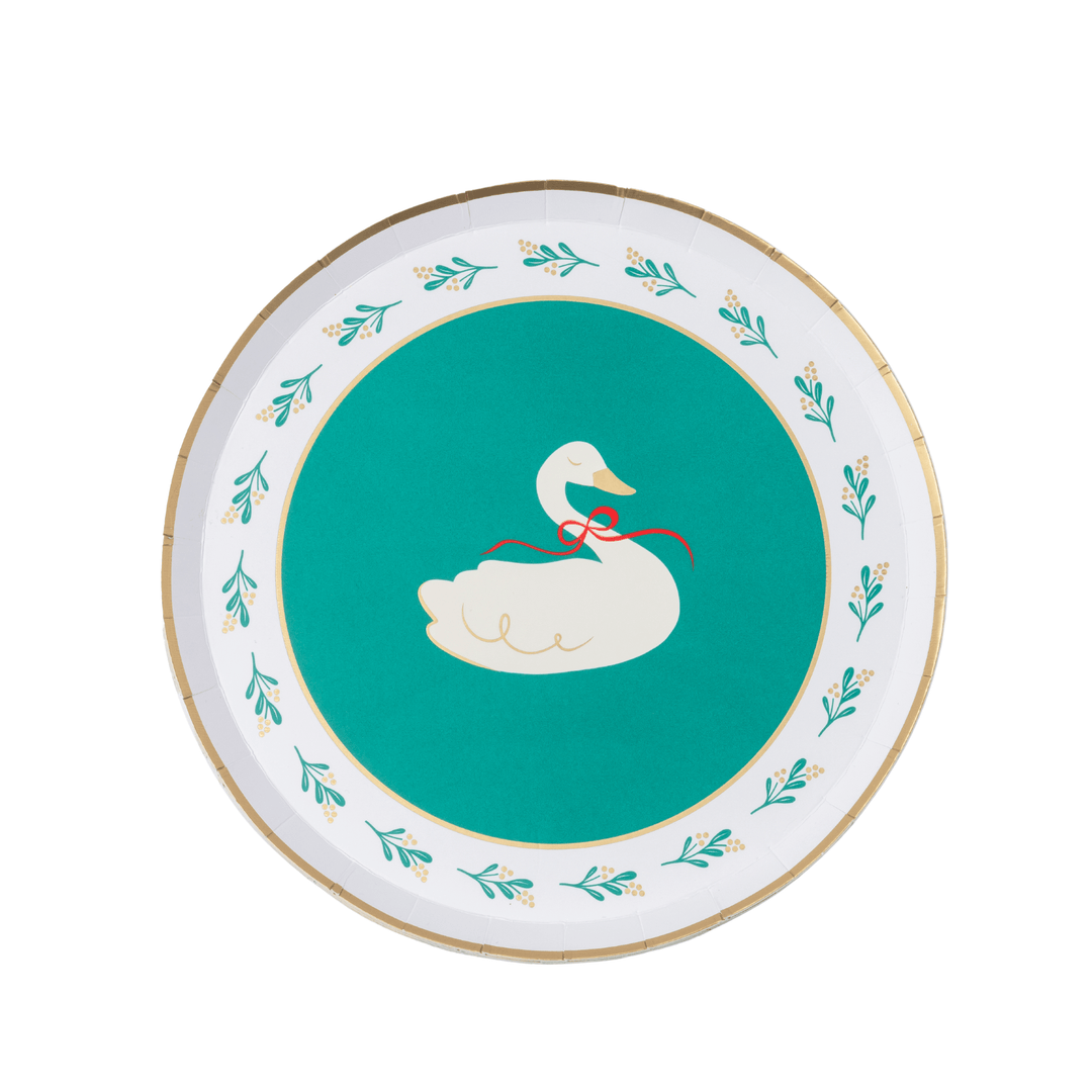 Green Christmas floral swan print small plates for a holiday dessert table