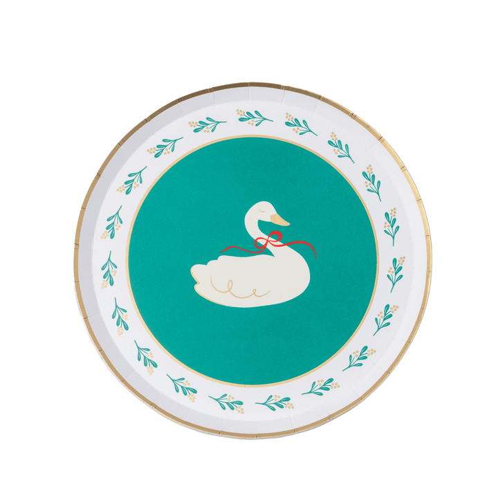 Green Christmas floral swan print small plates for a holiday dessert table
