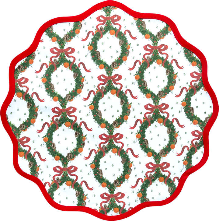 Round scalloped Christmas placemat in the Holiday Wreath print, Rosebud Red