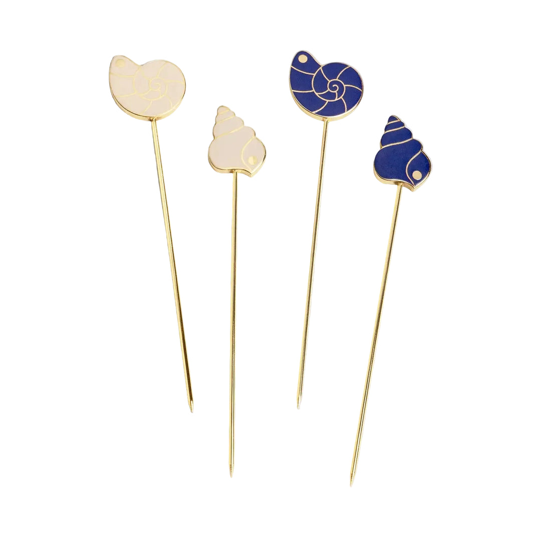 Pearl shell cocktail picks by 54Celsius, a set of four gold plated picks for appetizers or a coastal themed cocktail party