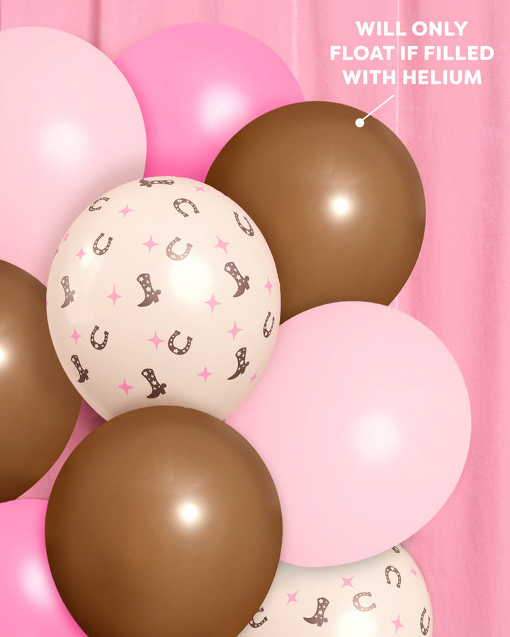 Detail of brown and pink cowgirl latex balloons for a western party