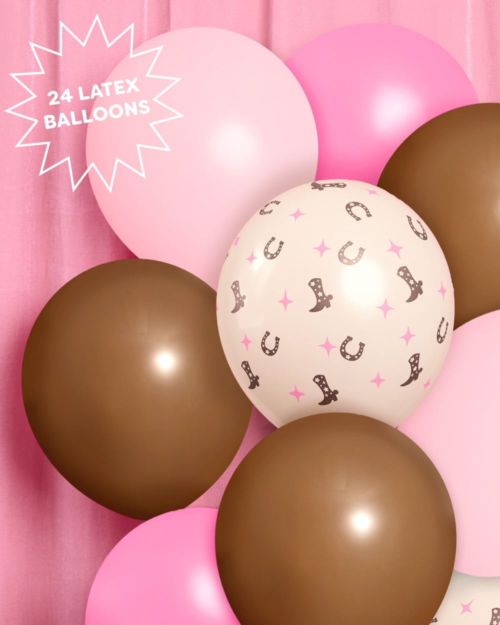Close-up of cowgirl latex balloons with pink cowboy boot and horseshoe prints