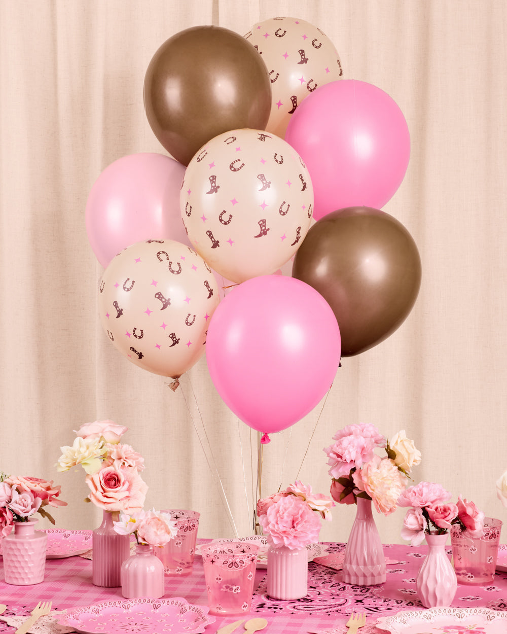 Cowgirl latex balloon set in brown, light pink, and hot pink with western prints