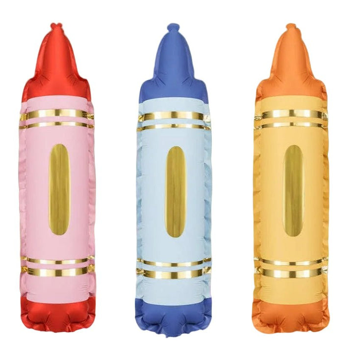 Set of three crayon foil balloons in pink, blue, and orange with gold bands for a back to school party