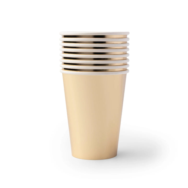 Gold foil party cups, set of 8, 12 ounce cups stacked for a candlelit Halloween dinner party