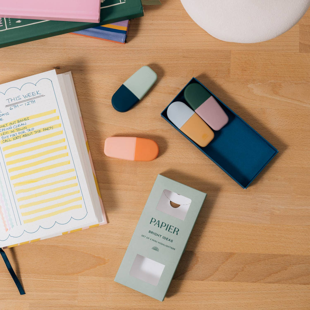 Papier Bright Ideas box labeled set of 4 mini highlighters beside a planner, giftable back to school stationery