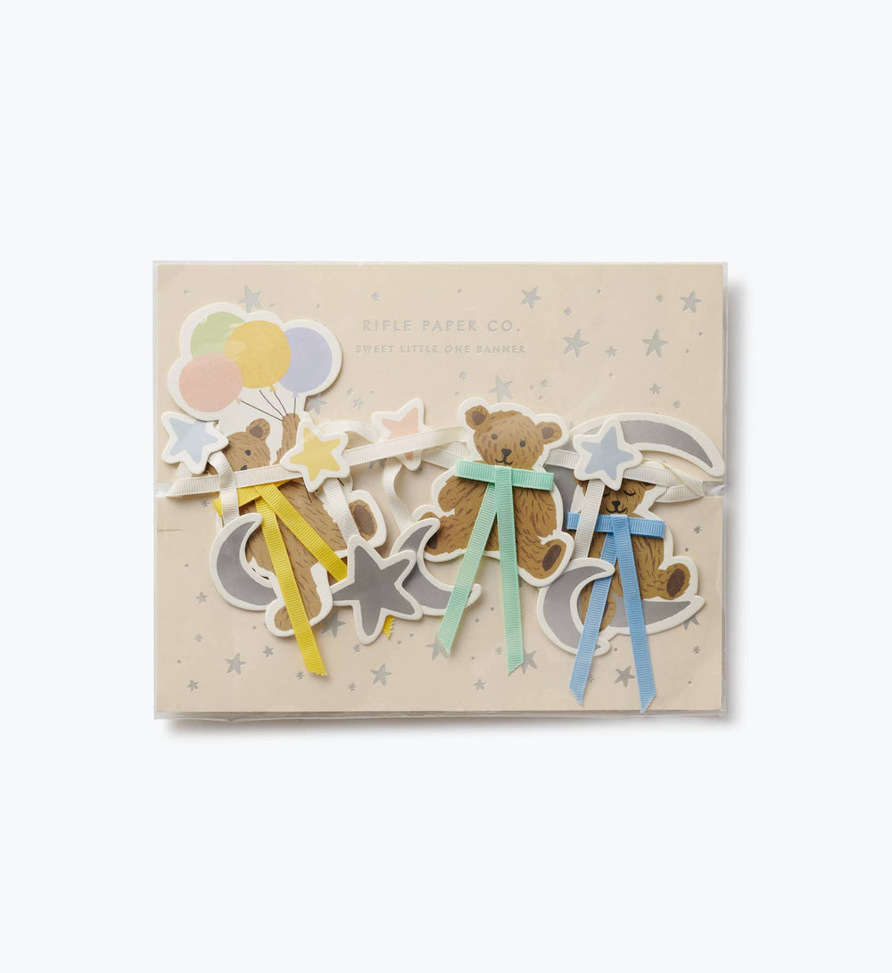 Sweet Little One garland in Rifle Paper Co packaging showing teddy bears with yellow, mint, and blue bows