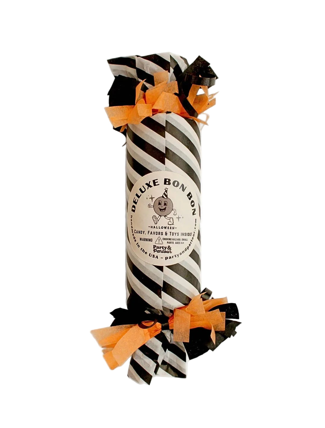 Black and white striped deluxe Halloween surprise bon bon with orange and black pom poms for boo baskets