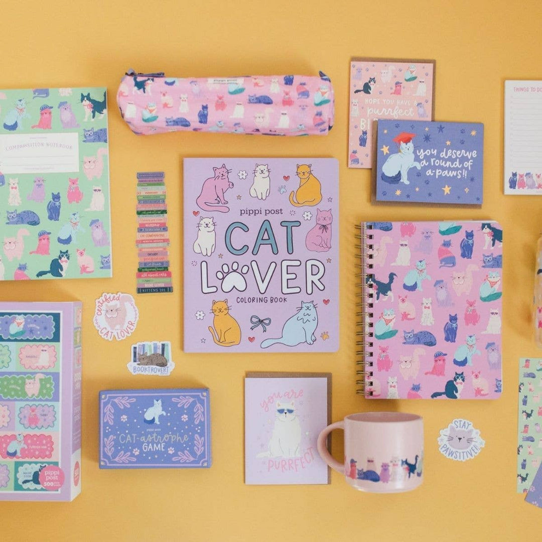 Cat Lover coloring book styled with matching cat stationery and mug, a gift set idea for cat lovers