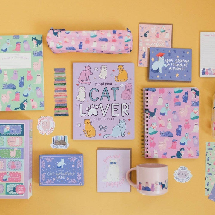 Cat Lover coloring book styled with matching cat stationery and mug, a gift set idea for cat lovers