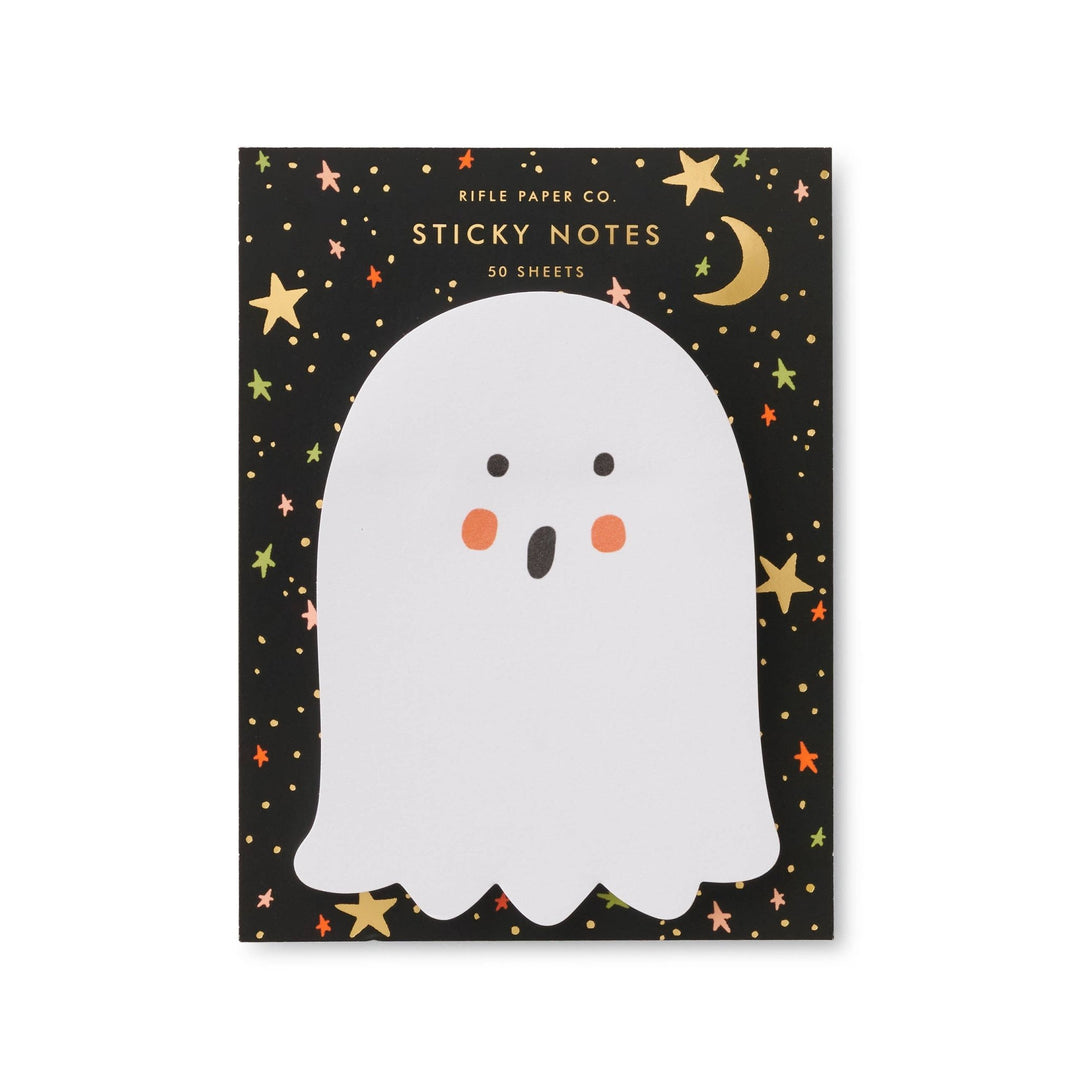 Ghost sticky notes pad shaped like a friendly white ghost on starry black backing card, 50 sheets for Halloween desks