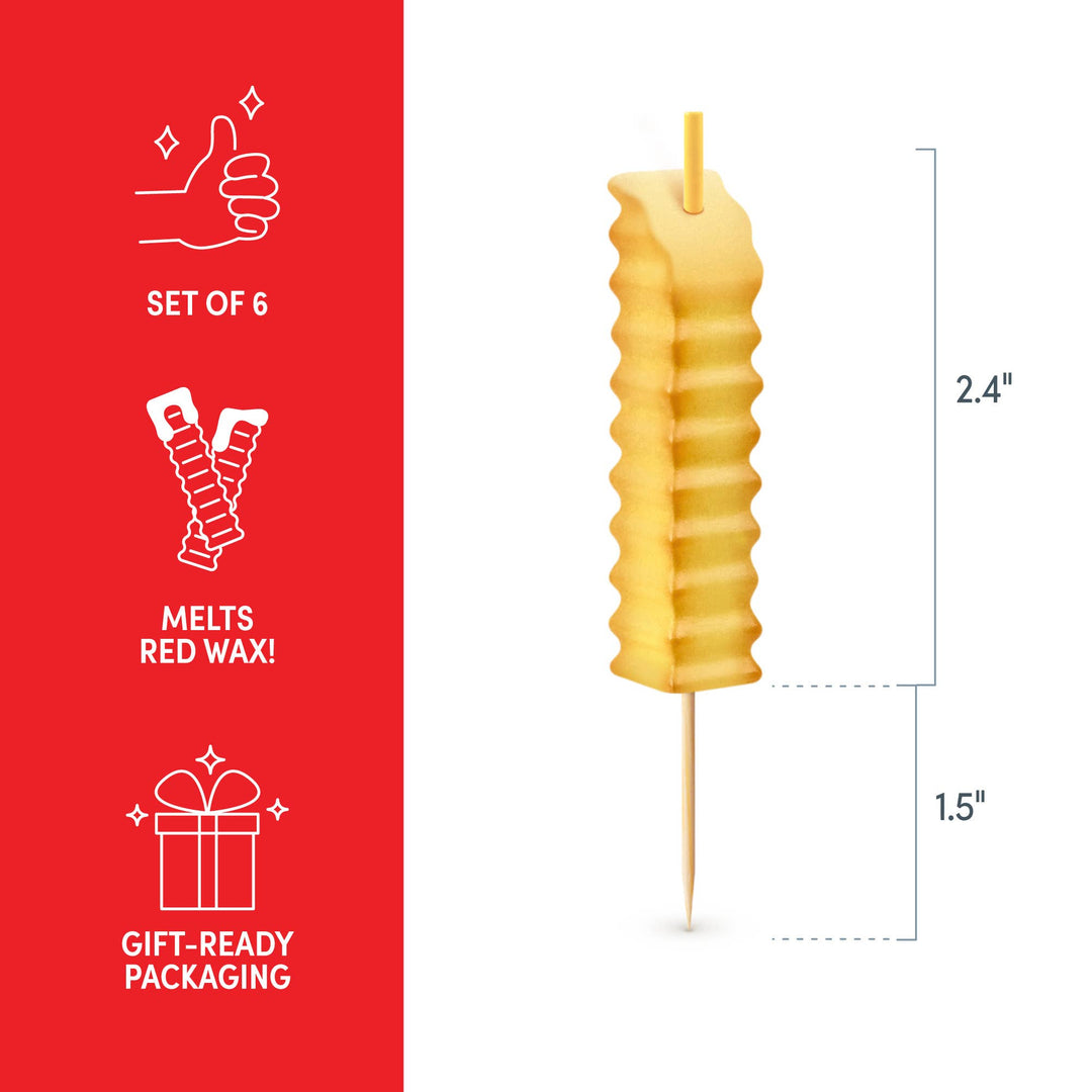 French fry birthday candle infographic showing 2.4 inch candle height and 1.5 inch pick, set of 6, melts red ketchup wax