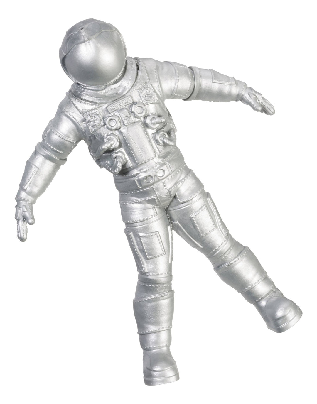 Silver stretch astronaut figure in a floating spacewalk pose with detailed suit, a sensory space toy