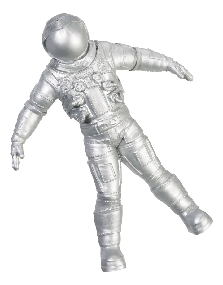 Silver stretch astronaut figure in a floating spacewalk pose with detailed suit, a sensory space toy