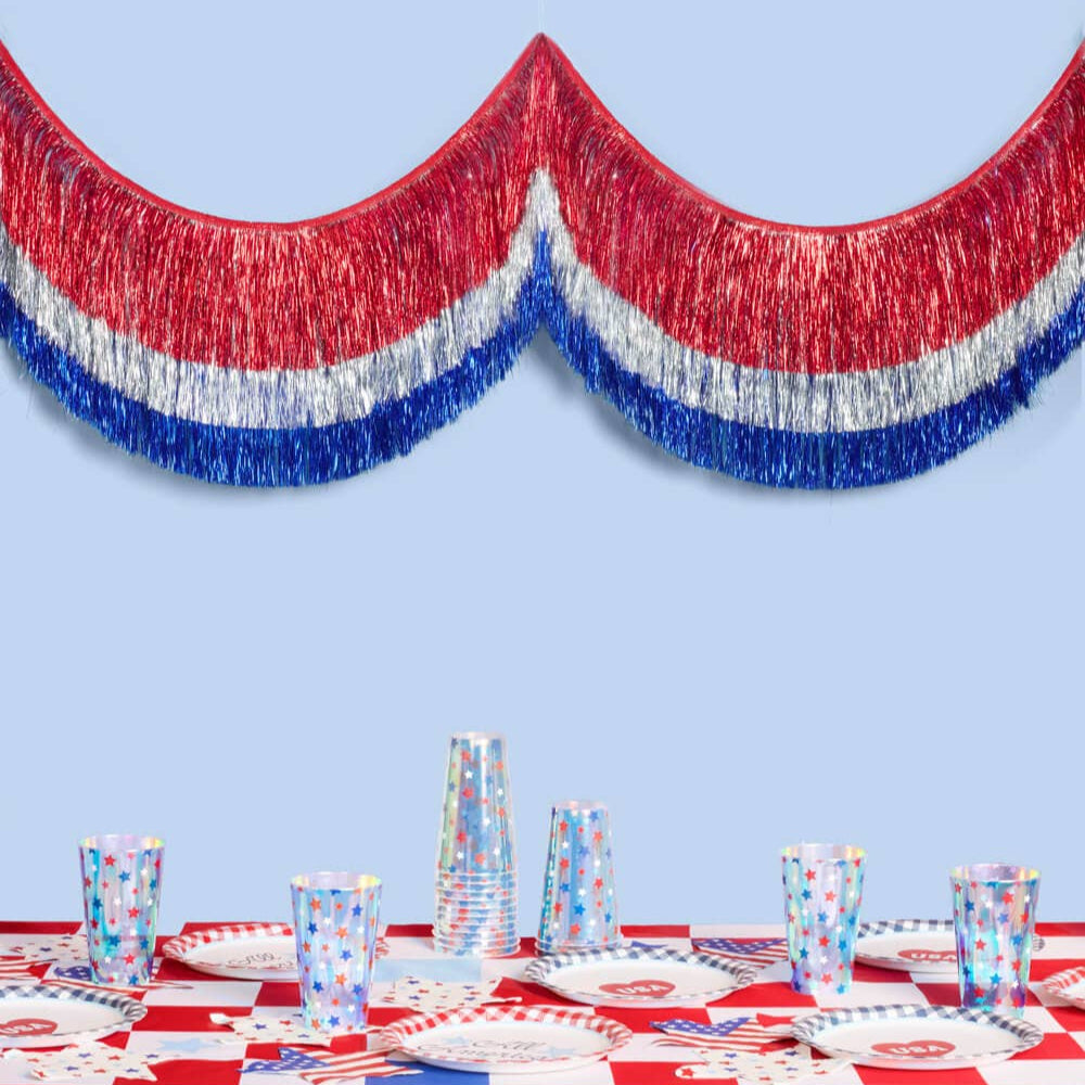 Americana Patriotic Fringe triple layered banner - July 4th xo, Fetti Americana Patriotic Fringe triple layered banner - July 4th Bonjour Fete - Party Supplies