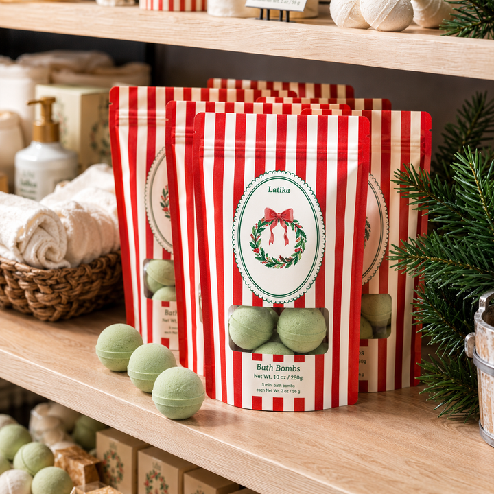 Red striped bath bomb pouches on a boutique shelf with towels and greenery for Christmas shopping