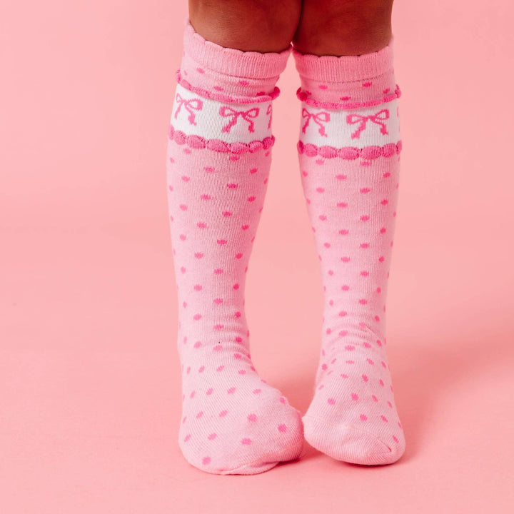 PINK BOW SCALLOPED KNEE HIGH SOCKS Little Stocking Co. Valentine's Day Accessories PINK BOW SCALLOPED KNEE HIGH SOCKS Bonjour Fete - Party Supplies